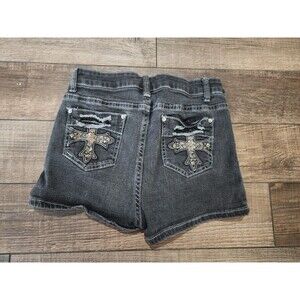Romwe Black Cross with Sequins Graphic Pockets Denim Shorts Women 4 SMALL